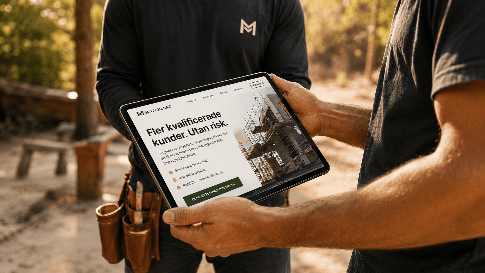 Hantverkare tittar på Matchleads plattform för leadgenerering på en surfplatta på ett bygge